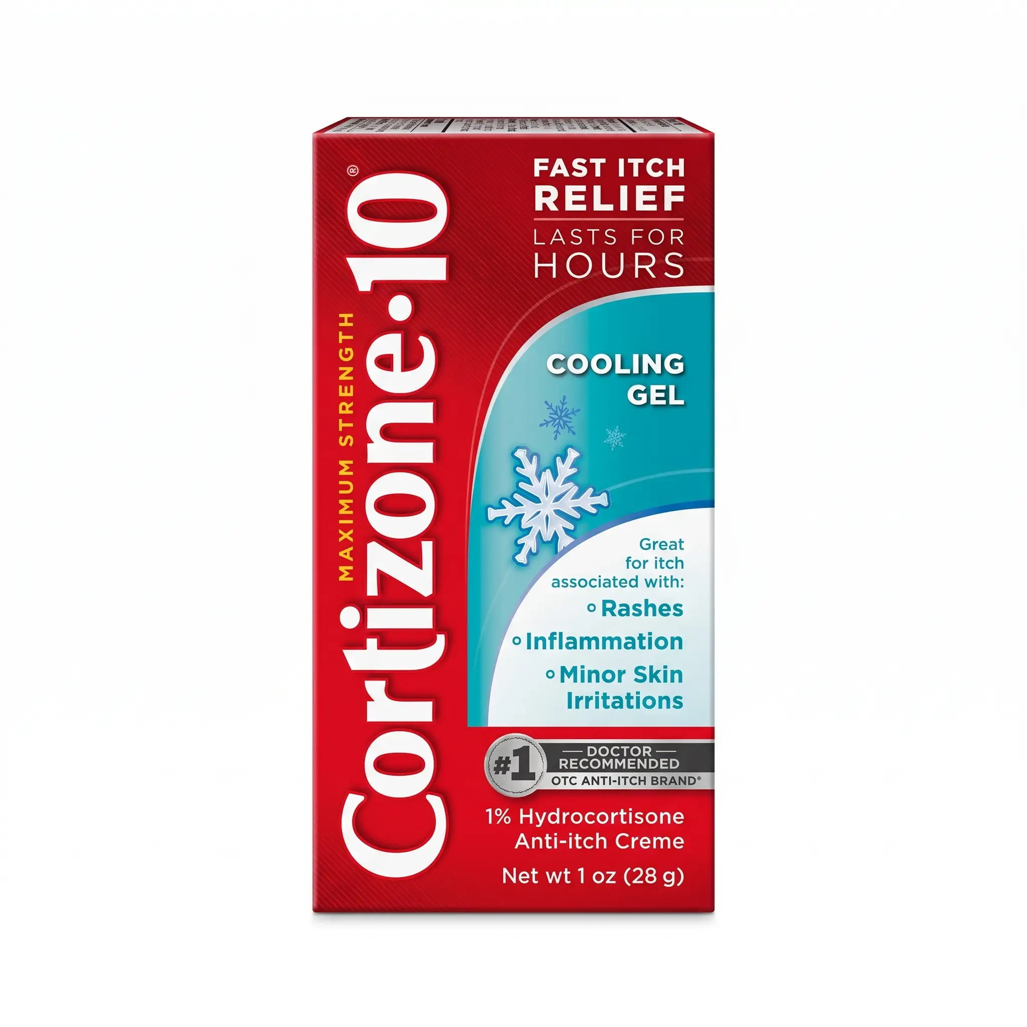 Box of Cortizone-10 Maximum Strength Cooling Gel with red and teal packaging, showing claims of fast itch relief for rashes and minor skin irritations.