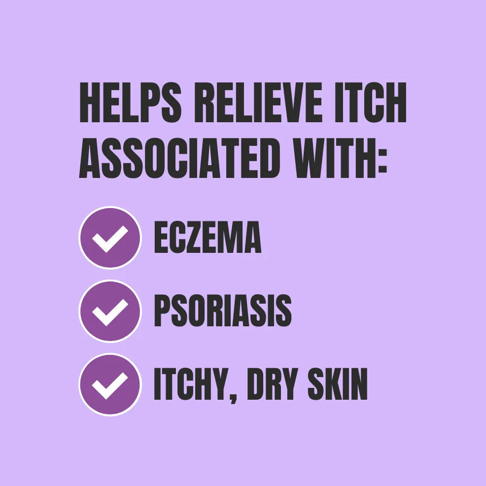 Text on a purple background reads "Helps relieve itch associated with:" followed by check-marked items: eczema, psoriasis, and itchy, dry skin.