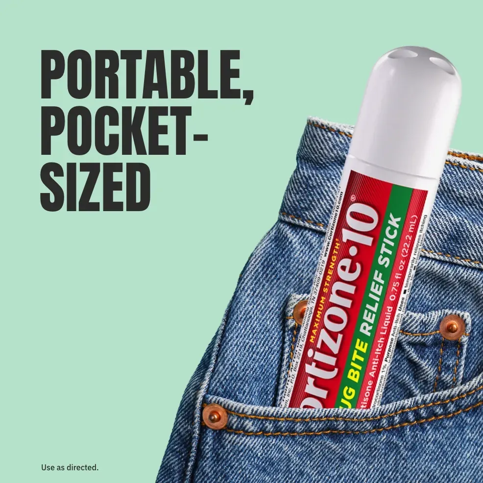 A relief stick protrudes from a blue jean pocket against a light green background. Bold text reads, "Portable, Pocket-Sized," conveying convenience.