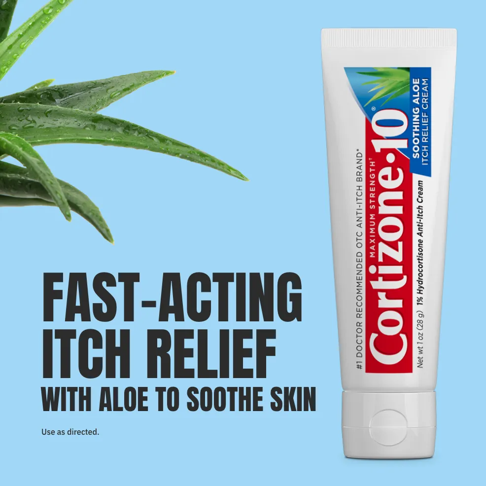 Tube of Cortizone-10 cream with aloe plant on blue background. Text highlights fast-acting itch relief and soothing skin benefits.