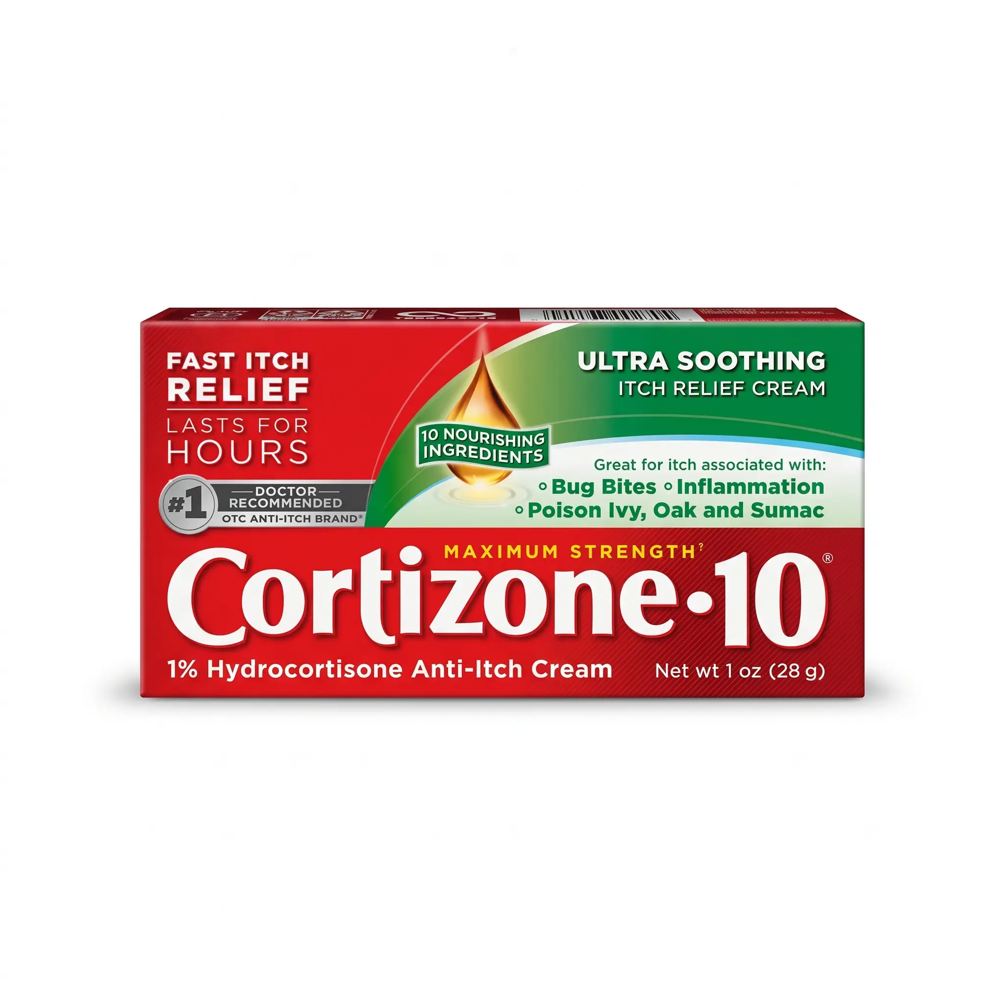 Cortizone-10 maximum strength anti-itch cream, 2 oz, for bug bites, poison ivy, and skin irritation.