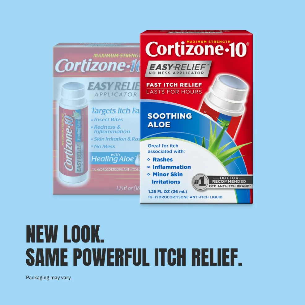 Packaging of Cortizone-10 with soothing aloe is shown against a blue background. The text reads, "New Look. Same Powerful Itch Relief." The tone is reassuring.