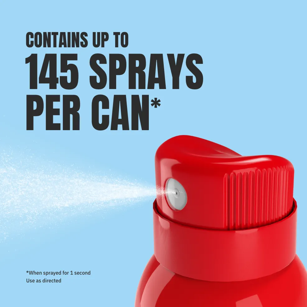 Red spray can with a nozzle spraying mist. Text reads "Contains up to 145 sprays per can" on a blue background, conveying efficiency.