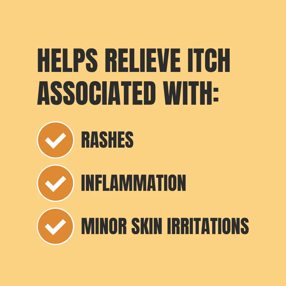 Yellow background with bold black text: “Helps relieve itch associated with.” Below, three checked circles label "Rashes," "Inflammation," "Minor Skin Irritations."