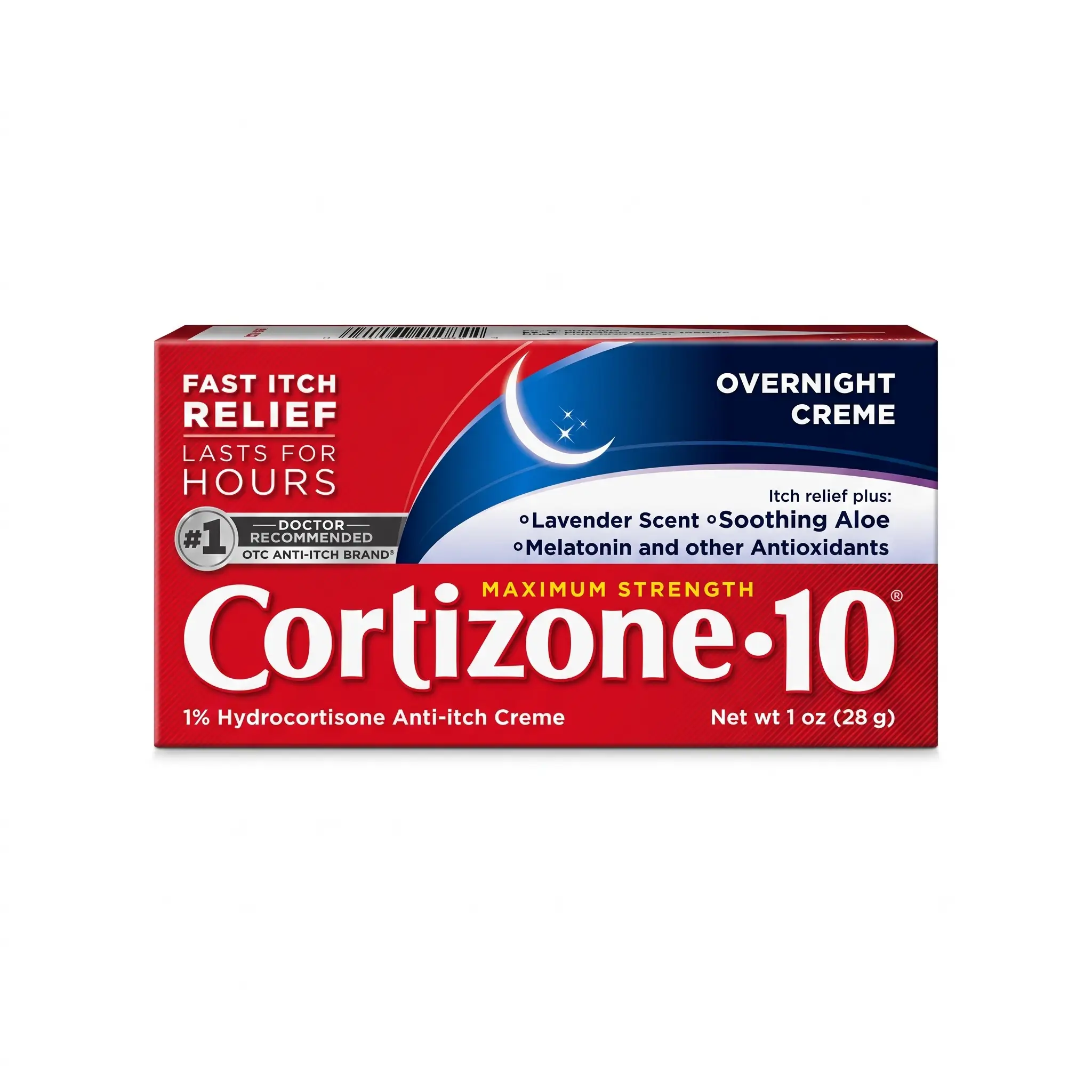 Box of Cortizone-10 Maximum Strength Anti-Itch Cream on a light blue background. Red and blue packaging emphasizes fast itch relief, lavender scent, and aloe.