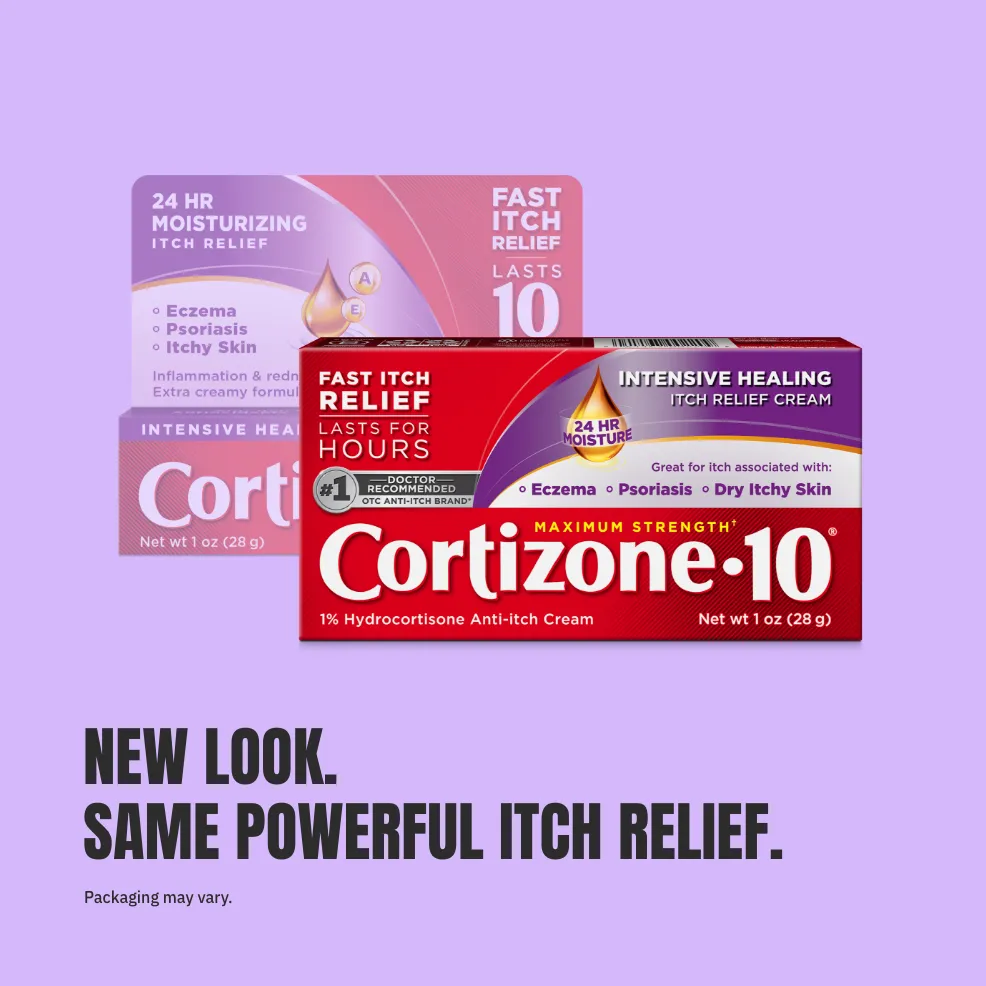 Red and purple Cortizone 10 packaging with text emphasizing fast itch relief for eczema, psoriasis, and dry skin. Tagline: "New Look. Same Powerful Itch Relief."