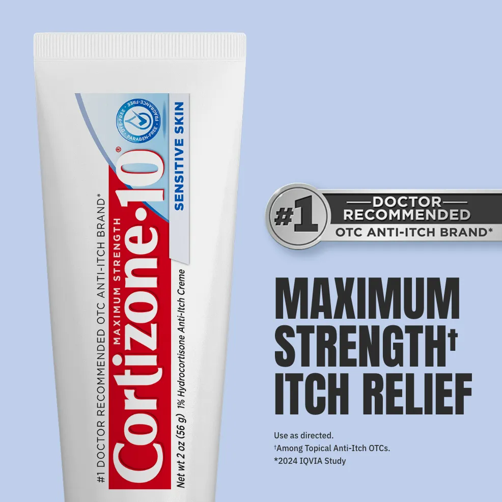 Tube of Cortizone-10 cream against a light blue background, labeled “Maximum Strength Itch Relief” and “#1 Doctor Recommended Anti-Itch Brand.”