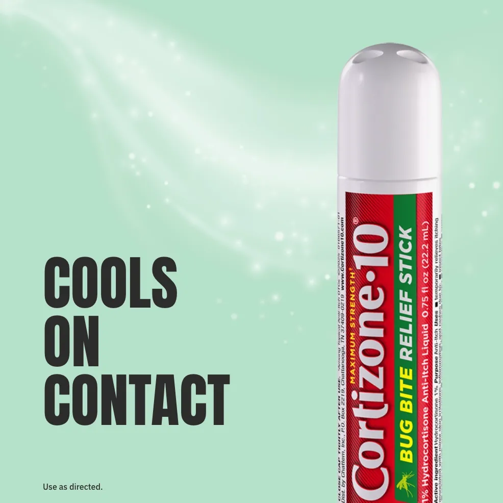 "Cortizone-10 Bug Bite Relief Stick against a light green background with text 'Cools on Contact.' The design conveys relief and freshness."