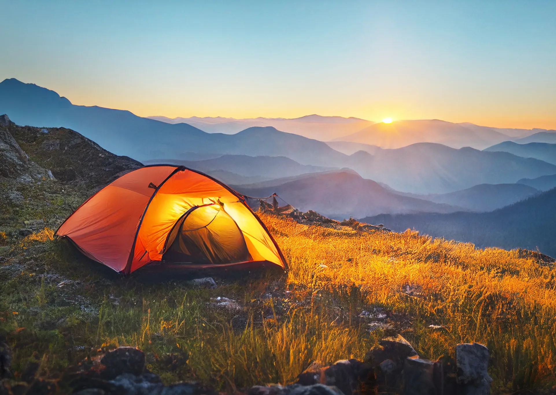 A serene outdoor landscape featuring a tent while the sun rises.