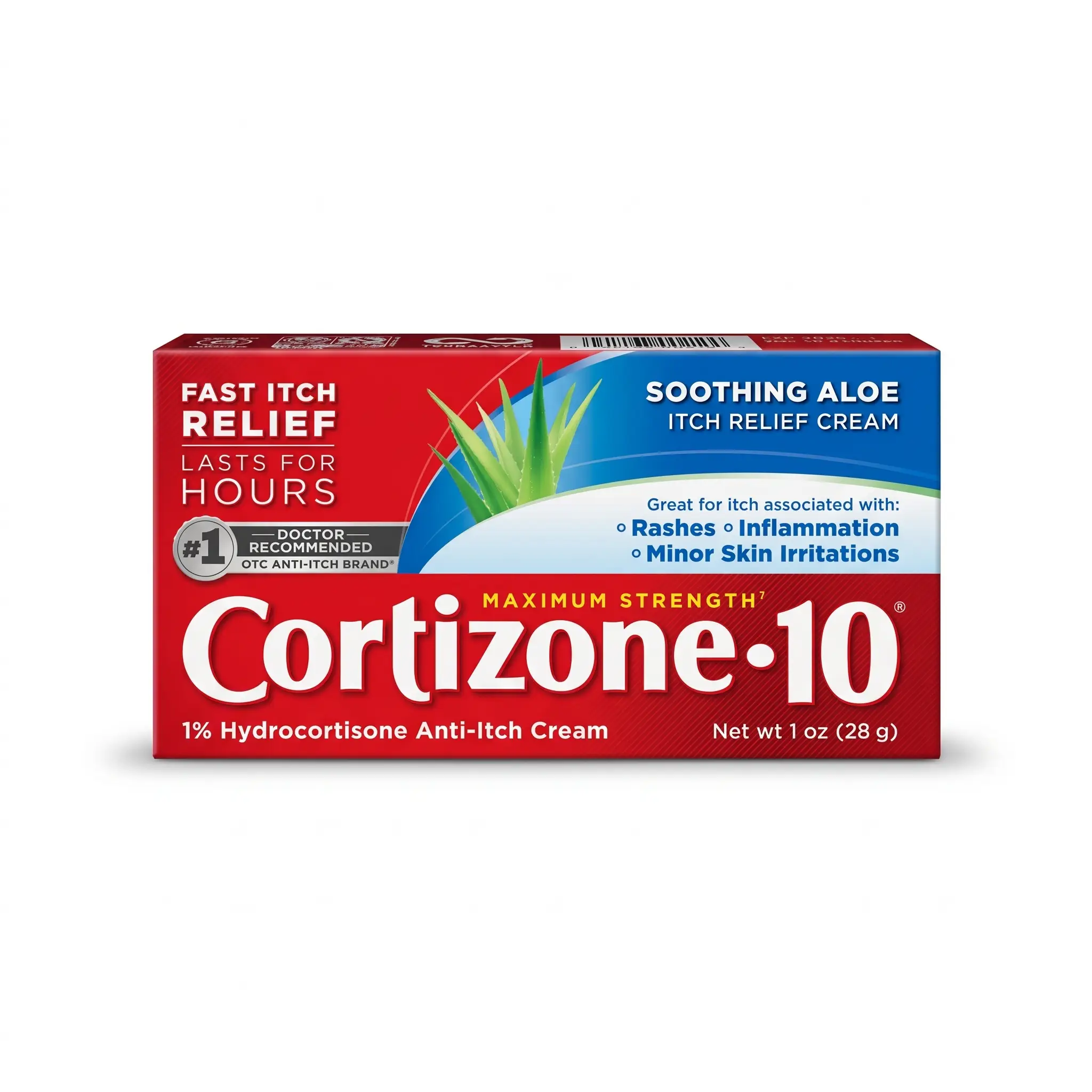 Red and white box of Cortizone-10 with soothing aloe, labeled for fast itch relief from rashes and inflammation. Contains 1% hydrocortisone creme.