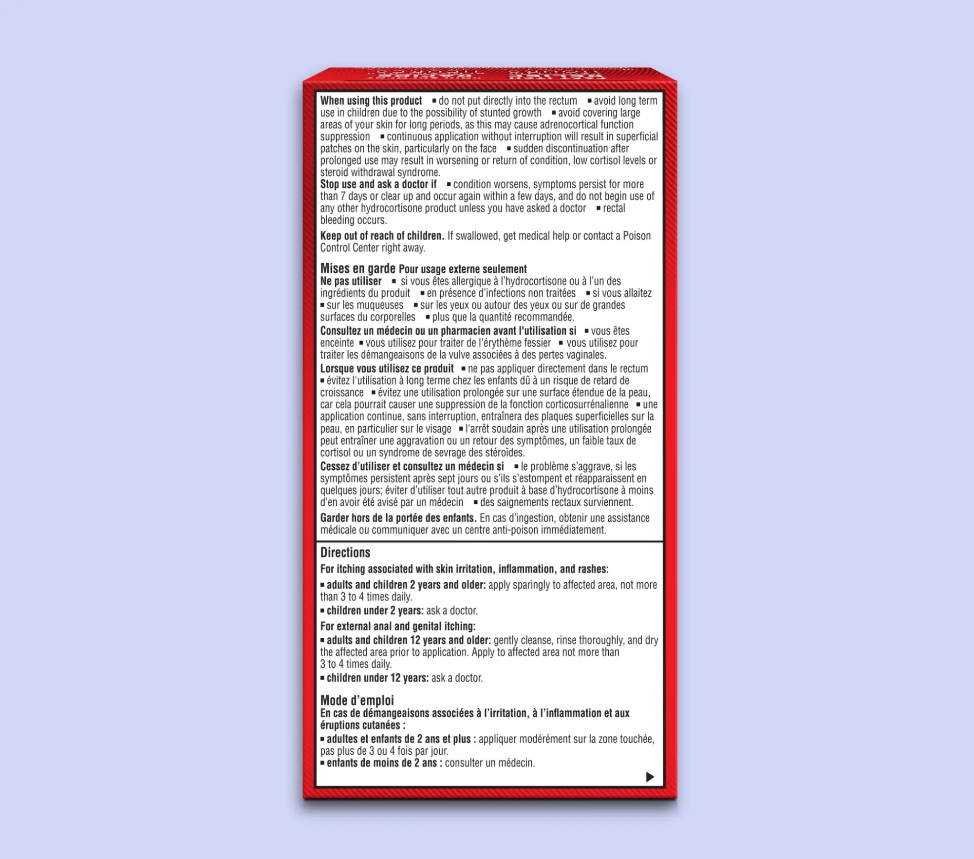 Arrière de l'emballage de Cortizone-10® Crème pour soulager l'eczéma.