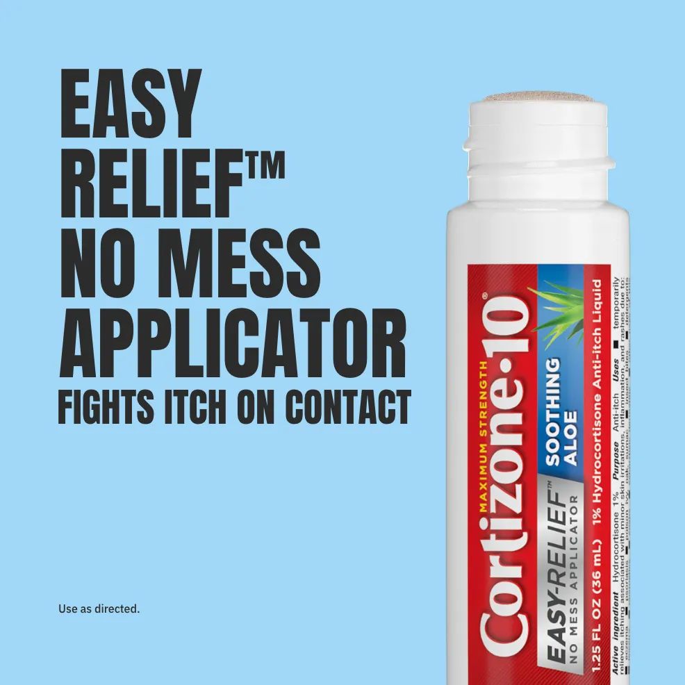 Cortisone-10 anti-itch applicator ad on blue background. Large text reads, "Easy relief, no mess applicator, fights itch on contact." Tube features red label.