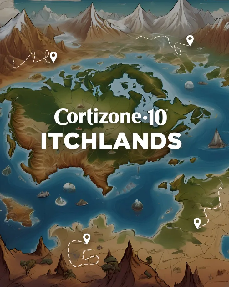 Cortizone-10 ITCHLANDS social ad with fantasy map, islands, mountains, and location markers.