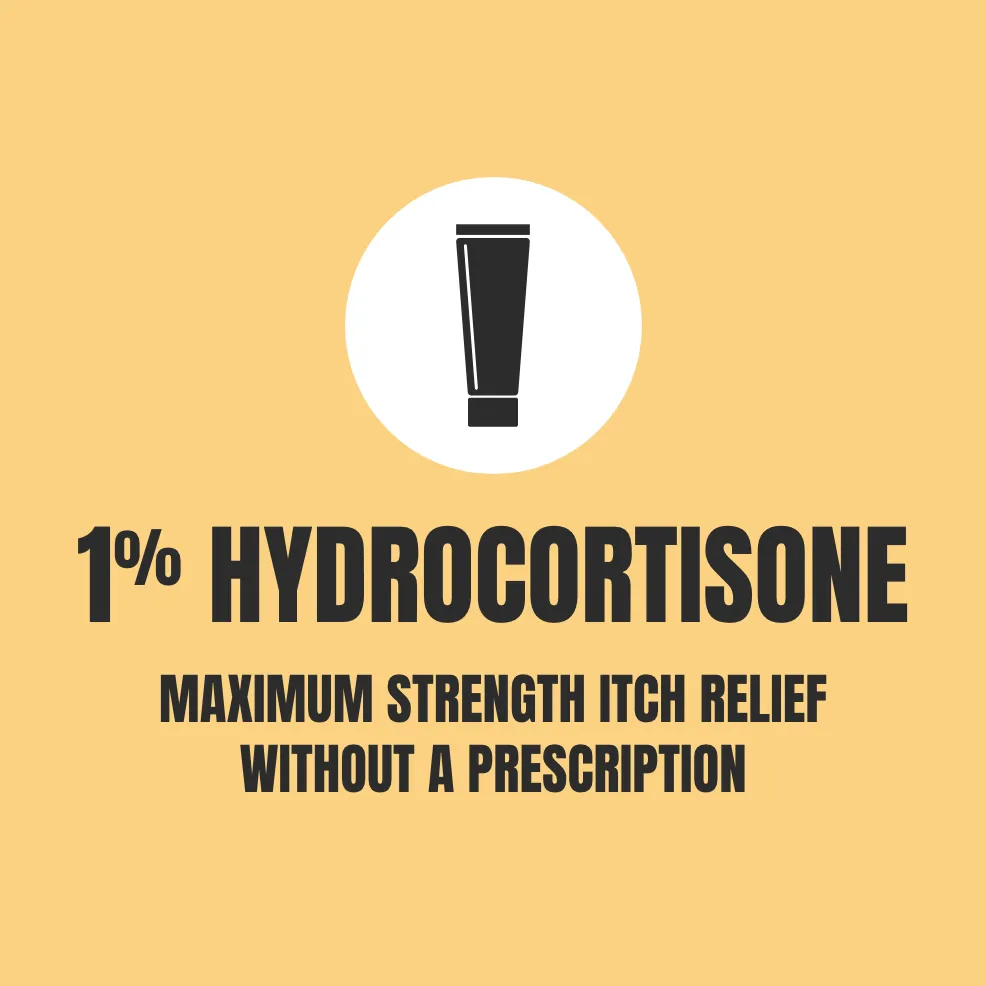 Yellow background with a black tube icon centered in a white circle. Text below reads "1% Hydrocortisone, Maximum strength itch relief without a prescription."
