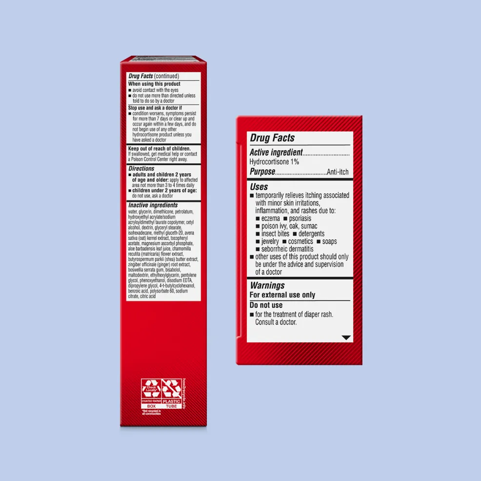 Red packaging displaying drug facts for a hydrocortisone anti-itch cream, listing active ingredients, uses, directions, and warnings against a light blue background.