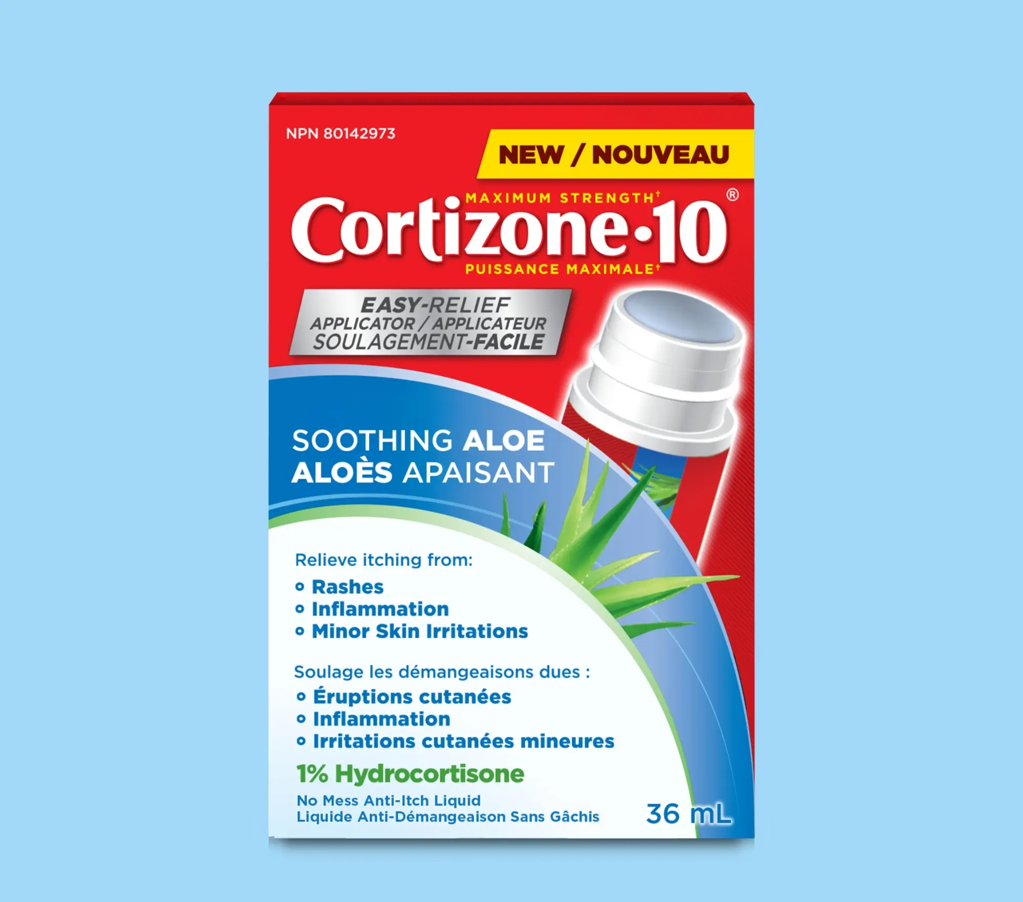 Devant de l'emballage de Cortizone-10® Aloès apaisant applicateur soulagement-facile.