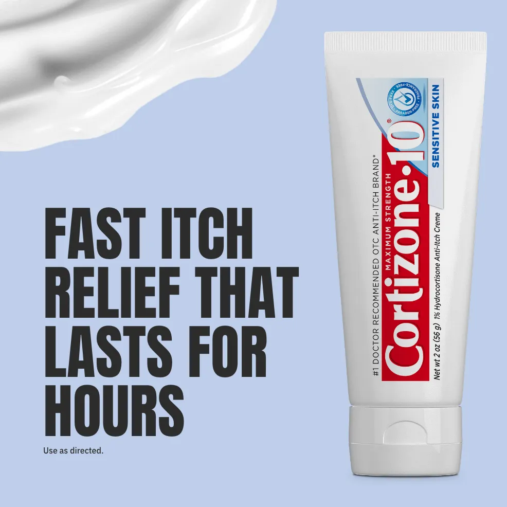 Tube of anti-itch cream labeled "Cortizone-10" on right against a blue background. Bold text on left reads, "Fast itch relief that lasts for hours." Cream smear visible above.