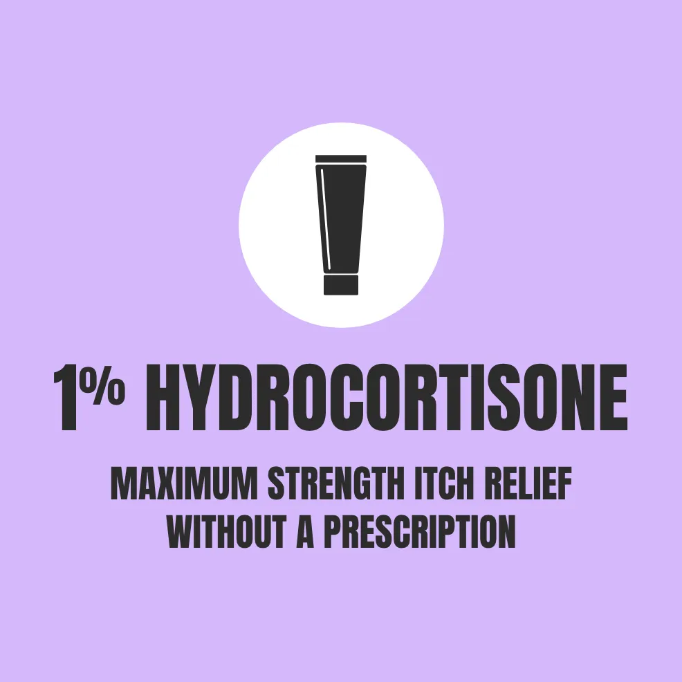 Purple background with a black icon of a tube in a white circle. Text reads "1% Hydrocortisone" and "Maximum strength itch relief without a prescription."