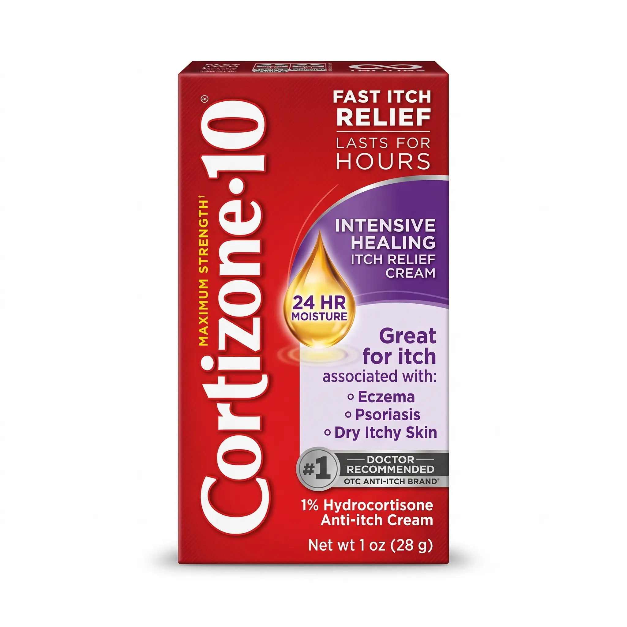 Cortizone-10 anti-itch cream box on a lavender background. Red packaging with text highlighting fast itch relief, eczema, psoriasis, and dry skin.
