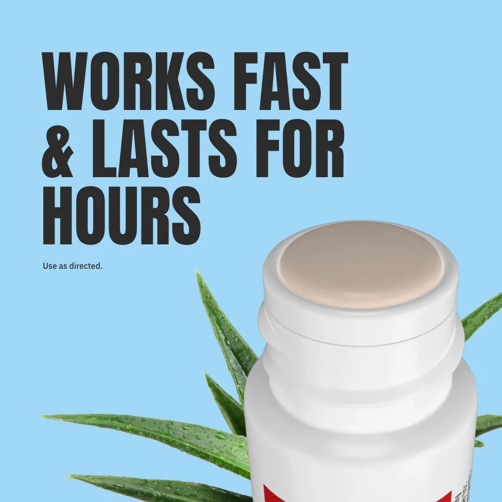 Bottle of product with beige cap and aloe leaves against a blue background. Bold text reads, "Works fast & lasts for hours." Tone: effective, natural.
