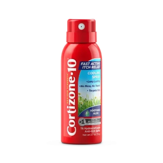 Red spray can of Cortizone-10 Anti-Itch Relief with soothing aloe, promises fast relief without mess. Set against a light blue background.