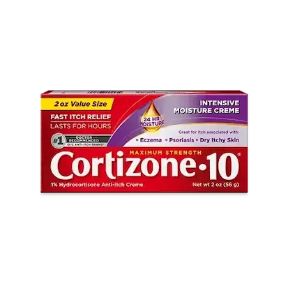 Cortizone-10 anti-itch cream box on a lavender background. Red packaging with text highlighting fast itch relief, eczema, psoriasis, and dry skin.