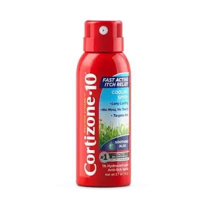 Red spray can of Cortizone-10 Anti-Itch Relief with soothing aloe, promises fast relief without mess. Set against a light blue background.