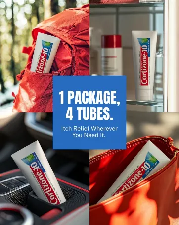 A tube of Cortizone-10 appears in a backpack, a medicine cabinet, a car cup holder, and a purse, with text promoting a package of four tubes for itch relief anywhere.