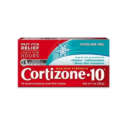 Box of Cortizone-10 Maximum Strength Cooling Gel with red and teal packaging, showing claims of fast itch relief for rashes and minor skin irritations.