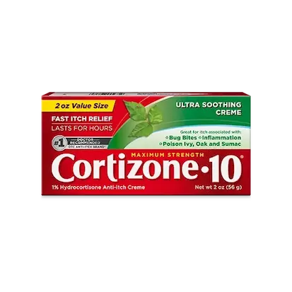 Cortizone-10 maximum strength anti-itch cream, 2 oz, for bug bites, poison ivy, and skin irritation.