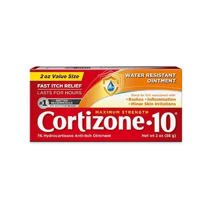 Box of Cortizone 10 Maximum Strength anti-itch ointment with yellow and orange design, highlighting fast, water-resistant itch relief for rashes and irritation.
