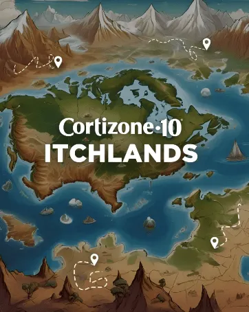 Cortizone-10 ITCHLANDS social ad with fantasy map, islands, mountains, and location markers.