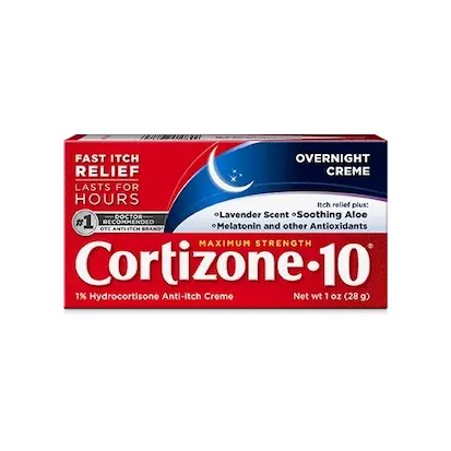 Box of Cortizone-10 Maximum Strength Anti-Itch Cream on a light blue background. Red and blue packaging emphasizes fast itch relief, lavender scent, and aloe.