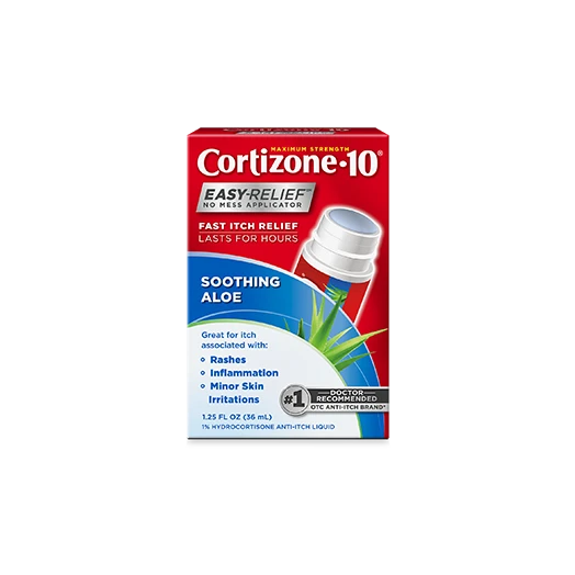 Front of Cortizone-10® With Healing Aloe Easy Relief Applicator, Maximum Strength 1% Hydrocortisone Anti-Itch Liquid package