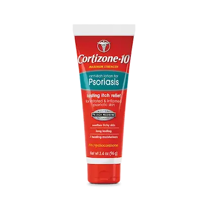Cortizone-10 Psoriasis lotion tube on a light blue background. Red and turquoise design, labelled for itch relief. Contains 1% hydrocortisone.