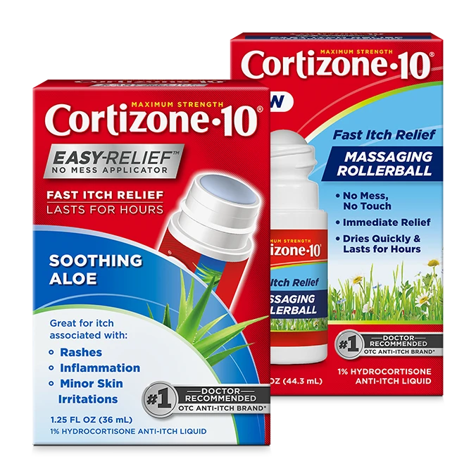 Product shot of Cortizone-10 no mess applicator and massaging rollerball