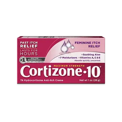 Purple box of Cortizone-10 Maximum Strength cream for feminine itch relief, featuring soothing aloe, moisturizers, vitamins, fast-acting formula.