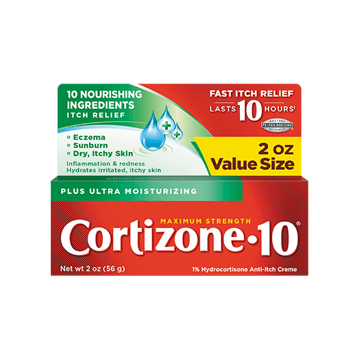 Front of Cortizone 10® Maximum Strength Plus Ultra Moisturizing, 1% Hydrocortisone Anti-Itch Creme package
