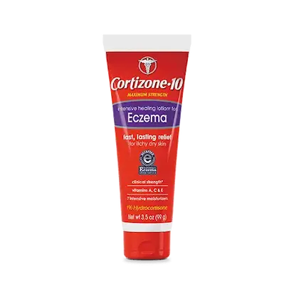 Red and white tube of Cortizone-10 intensive healing lotion for eczema on a light purple background. Describes fast relief for itchy, dry skin.