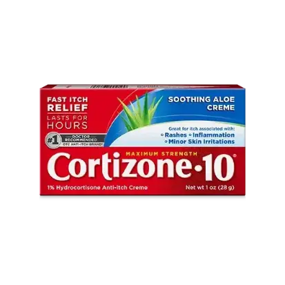 Red and white box of Cortizone-10 with soothing aloe, labeled for fast itch relief from rashes and inflammation. Contains 1% hydrocortisone creme.
